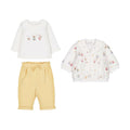 Set 3 pezzi neonata Mayoral: maglia bianca con topolini, pantaloni giallo burro con fiocco e giacchino bianco con fatine colorate