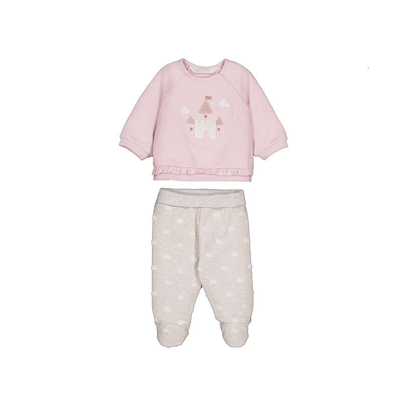 Set 2 pezzi neonata Mayoral: felpa rosa con applicazione castello da principessa e ghettine panna a pois con piedini