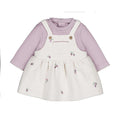 Set 2 pezzi neonata Mayoral: maglia lilla con bordo smerlato e salopette bianca con ricami frutti di bosco e bottoni in legno