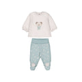 Set 2 pezzi neonato Mayoral: maglia panna con orsetto e fiocco azzurro e ghettine azzurro acqua a cuoricini con piedini