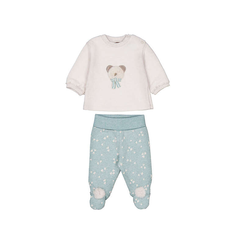 Set 2 pezzi neonato Mayoral: maglia panna con orsetto e fiocco azzurro e ghettine azzurro acqua a cuoricini con piedini