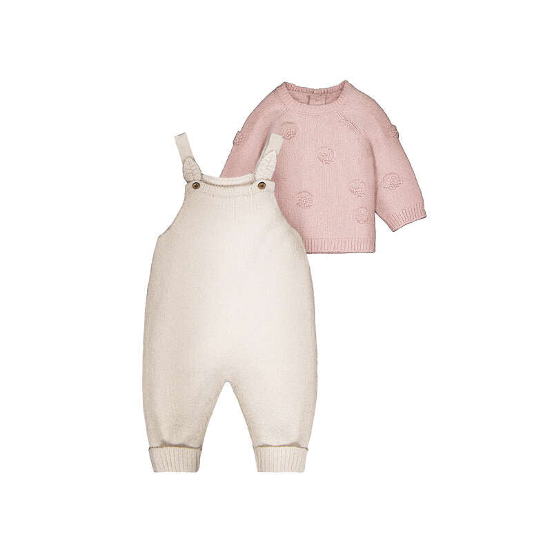 Set 2 pezzi neonata Mayoral: maglione rosa in maglia con pompon e salopette panna in maglia con bretelle e bottoni in legno