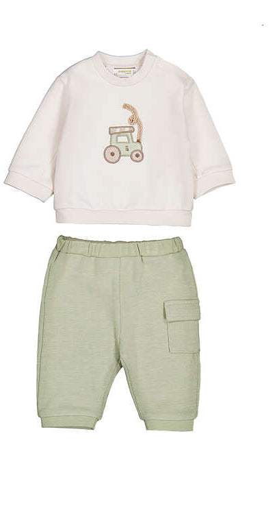 Completino 2 pezzi neonato felpa bianca con trattore e pantaloni verde salvia Mayoral