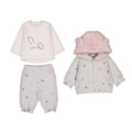 Set 3 pezzi neonata Mayoral: maglia panna con coniglietto, pantaloni grigi a pois rosa e argento con rouche e giacchino grigio a pois con cappuccio in pelliccia rosa