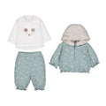 Set 3 pezzi neonata Mayoral: maglia bianca con topolino, pantaloni verde acqua a fiorellini con rouche e giacchino verde acqua con cappuccio in pelliccia beige
