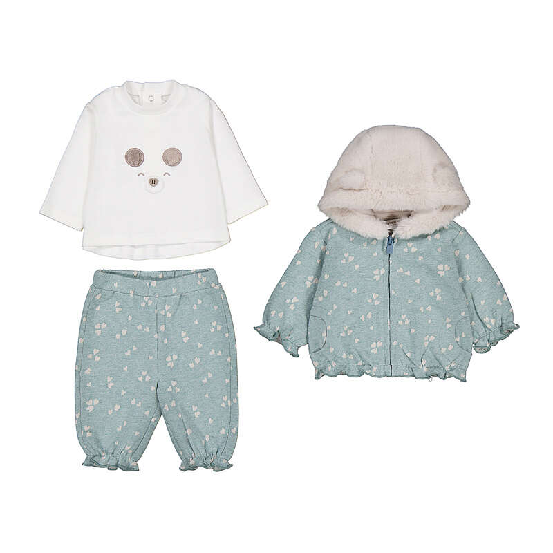 Set 3 pezzi neonata Mayoral: maglia bianca con topolino, pantaloni verde acqua a fiorellini con rouche e giacchino verde acqua con cappuccio in pelliccia beige