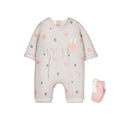 Set tutina grigio melange a pois rosa e grigi con coniglietto 3D sul petto e calzini rosa con faccina coniglietto Mayoral