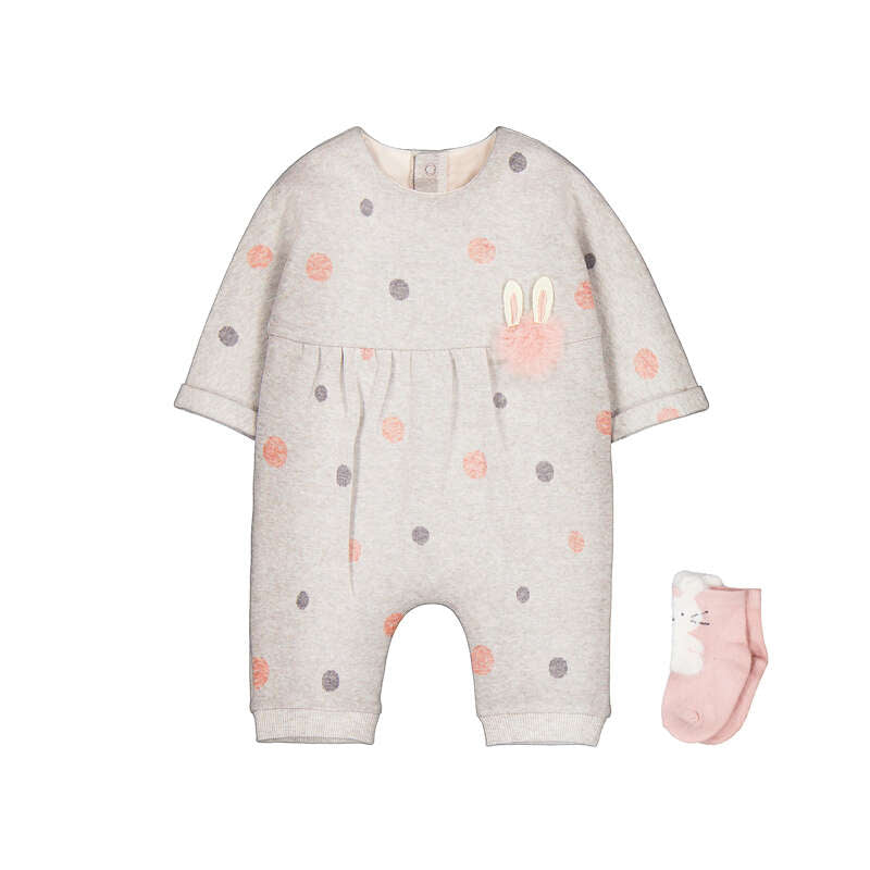 Set tutina grigio melange a pois rosa e grigi con coniglietto 3D sul petto e calzini rosa con faccina coniglietto Mayoral