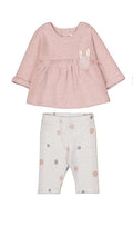 Set 2 pezzi neonata Mayoral: tunica rosa cipria con coniglietto 3D sul petto e leggings panna a pois beige e grigi