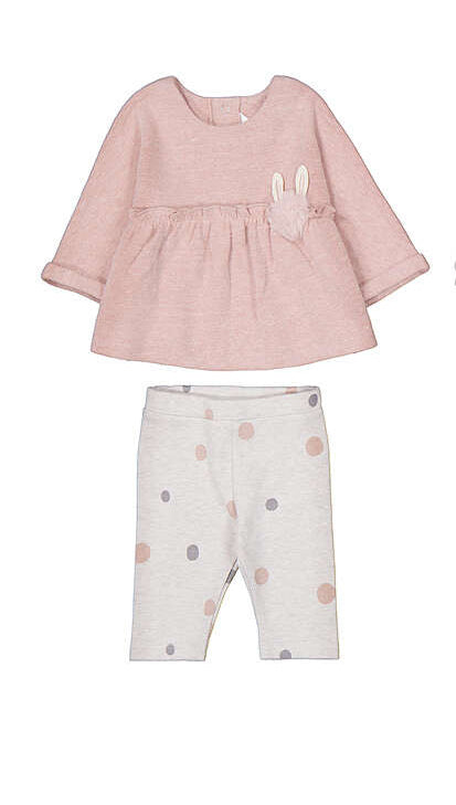 Set 2 pezzi neonata Mayoral: tunica rosa cipria con coniglietto 3D sul petto e leggings panna a pois beige e grigi