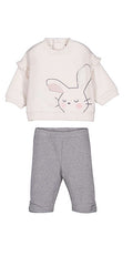 Set 2 pezzi neonata Mayoral: felpa panna con volant sulle spalle e stampa coniglietto e leggings grigio melange con risvolto