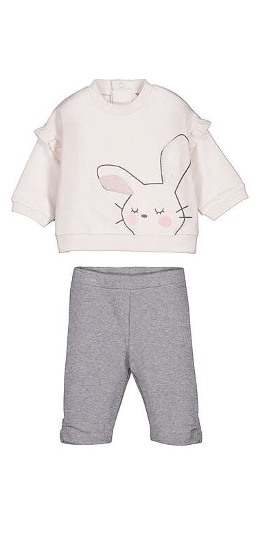Set 2 pezzi neonata Mayoral: felpa panna con volant sulle spalle e stampa coniglietto e leggings grigio melange con risvolto