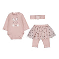Set 3 pezzi neonata Mayoral: body rosa cipria con coniglietto, leggings con gonna in tulle a pois marroni e fascia con pompon