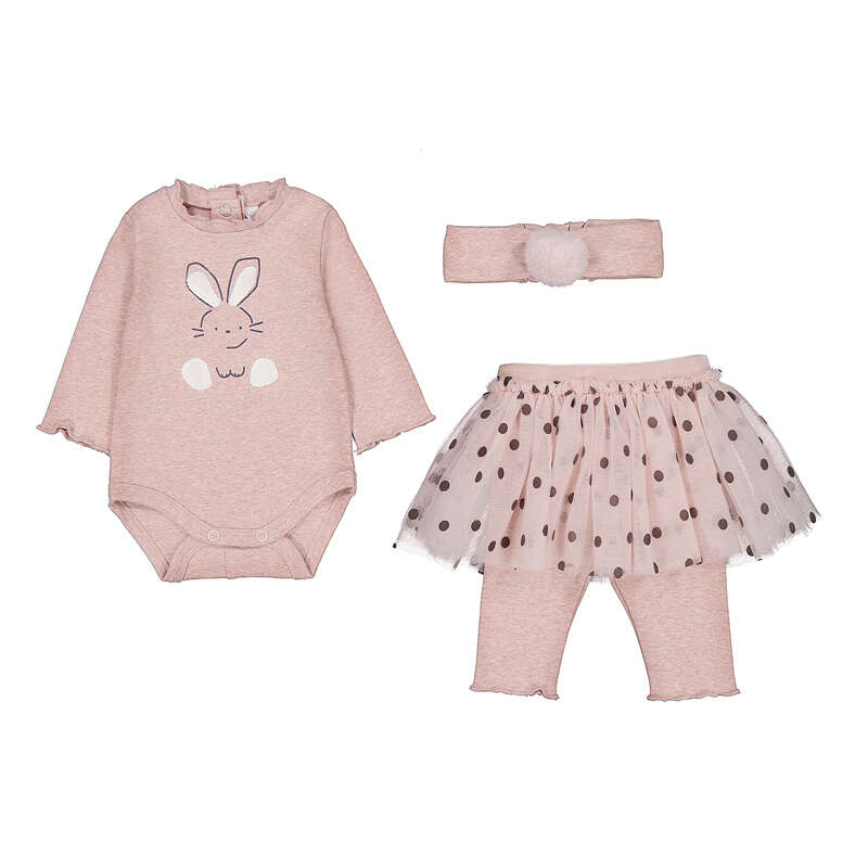 Set 3 pezzi neonata Mayoral: body rosa cipria con coniglietto, leggings con gonna in tulle a pois marroni e fascia con pompon