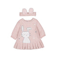 Set 2 pezzi neonata Mayoral: vestitino rosa cipria a pois argento con coniglietto stampato e gonna plissettata e fascia con doppio pompon