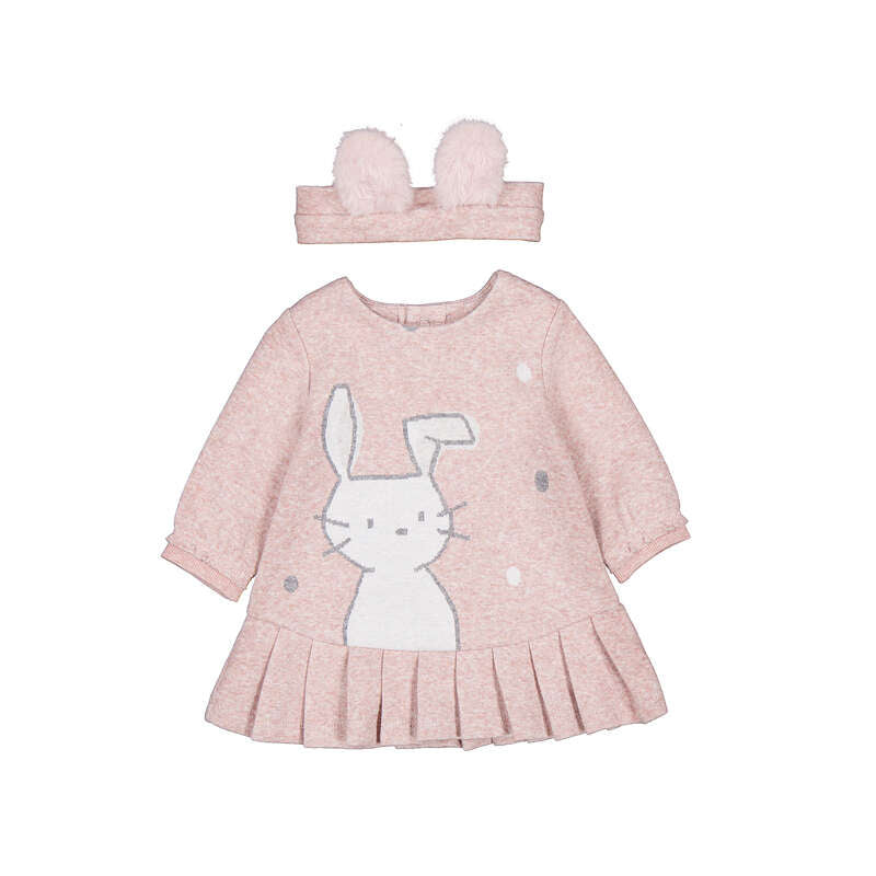 Set 2 pezzi neonata Mayoral: vestitino rosa cipria a pois argento con coniglietto stampato e gonna plissettata e fascia con doppio pompon