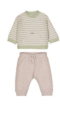 Completino 2 pezzi neonato a righe verde salvia e beige con felpa e pantaloni Mayoral