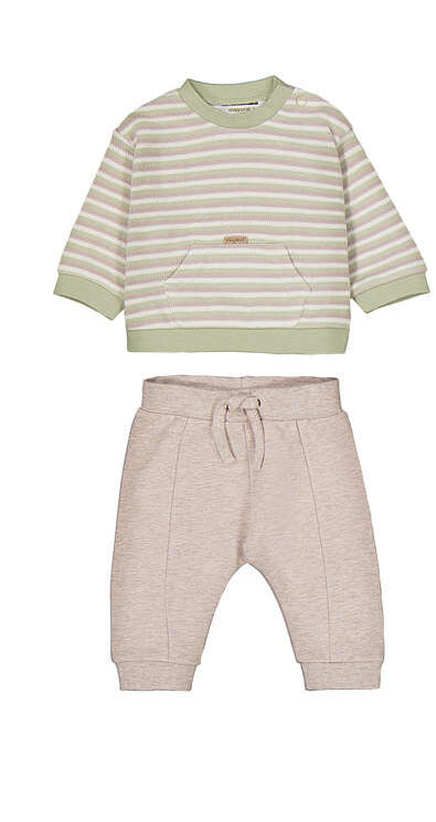 Completino 2 pezzi neonato a righe verde salvia e beige con felpa e pantaloni Mayoral