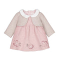 Abito neonata rosa con bolero beige e colletto bianco Peter Pan con fiori ricamati