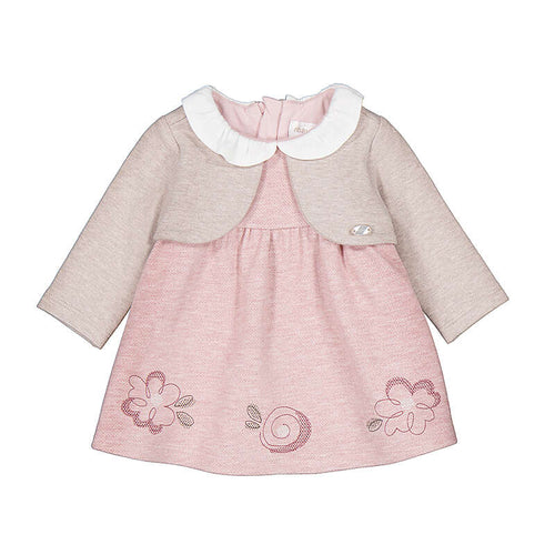 Abito neonata rosa con bolero beige e colletto bianco Peter Pan con fiori ricamati