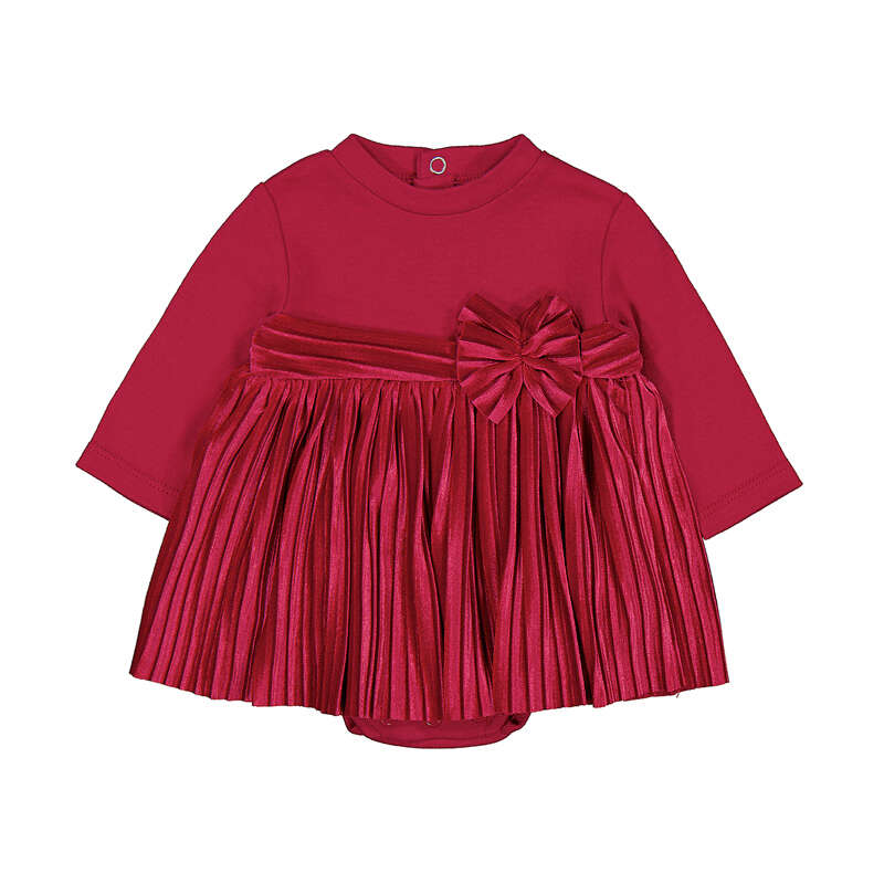 Body vestito neonata rosso con gonna plissé in raso e fiocco in velluto
