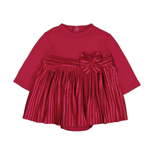 Body vestito neonata rosso con gonna plissé in raso e fiocco in velluto