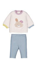 Coordinato neonato felpa bianca con coniglietto applicato e leggings azzurri