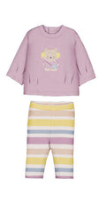 Coordinato neonata maglia lilla con orsetto e leggings a righe multicolor pastello