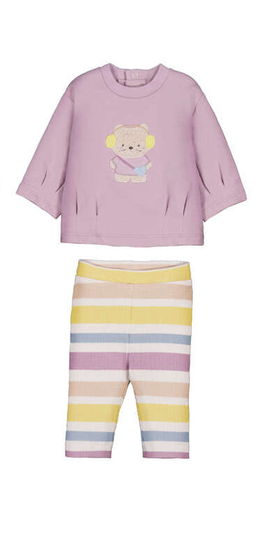 Coordinato neonata maglia lilla con orsetto e leggings a righe multicolor pastello
