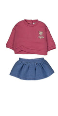 Coordinato neonata felpa rosa antico con orsetto ricamato e gonna in denim azzurro