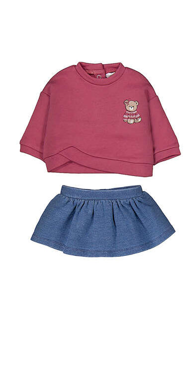 Coordinato neonata felpa rosa antico con orsetto ricamato e gonna in denim azzurro