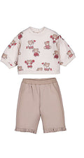 Coordinato neonata felpa bianca stampa orsetti cheerleader e pantaloni beige con balza