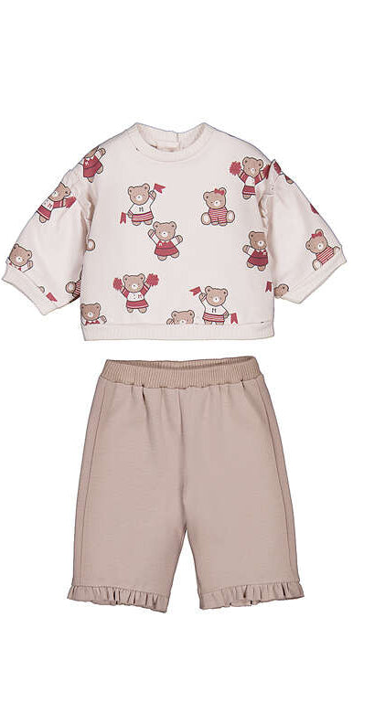 Coordinato neonata felpa bianca stampa orsetti cheerleader e pantaloni beige con balza
