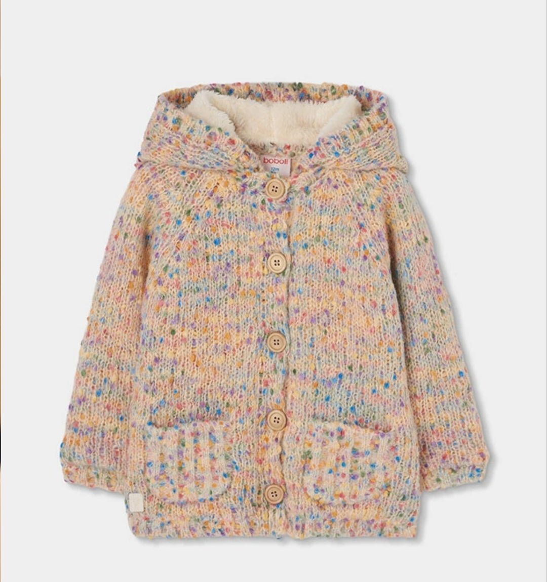 Giacchino Boboli bimba in maglia multicolore con cappuccio, vista davanti