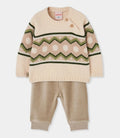 Completo Boboli con maglione panna a fantasia geometrica verde e beige e pantaloni beige in maglia