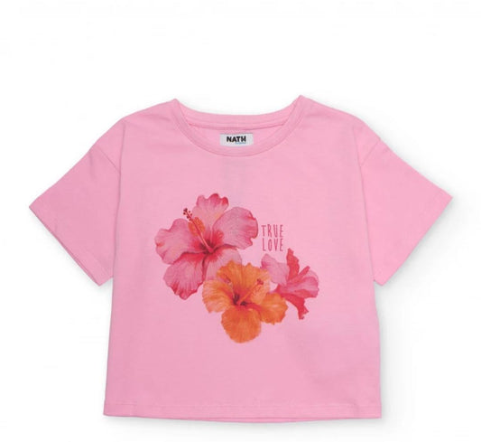 T-shirt da bambina in maglia con ibischi sul davanti NATH by Tuc Tuc