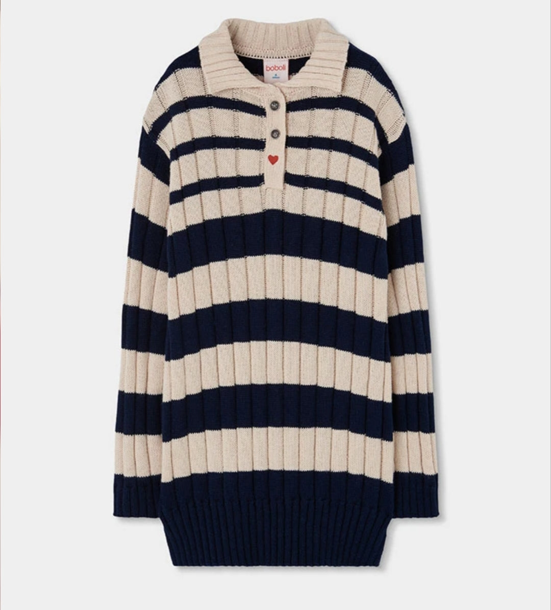 Abito in maglia a righe blu e crema con colletto