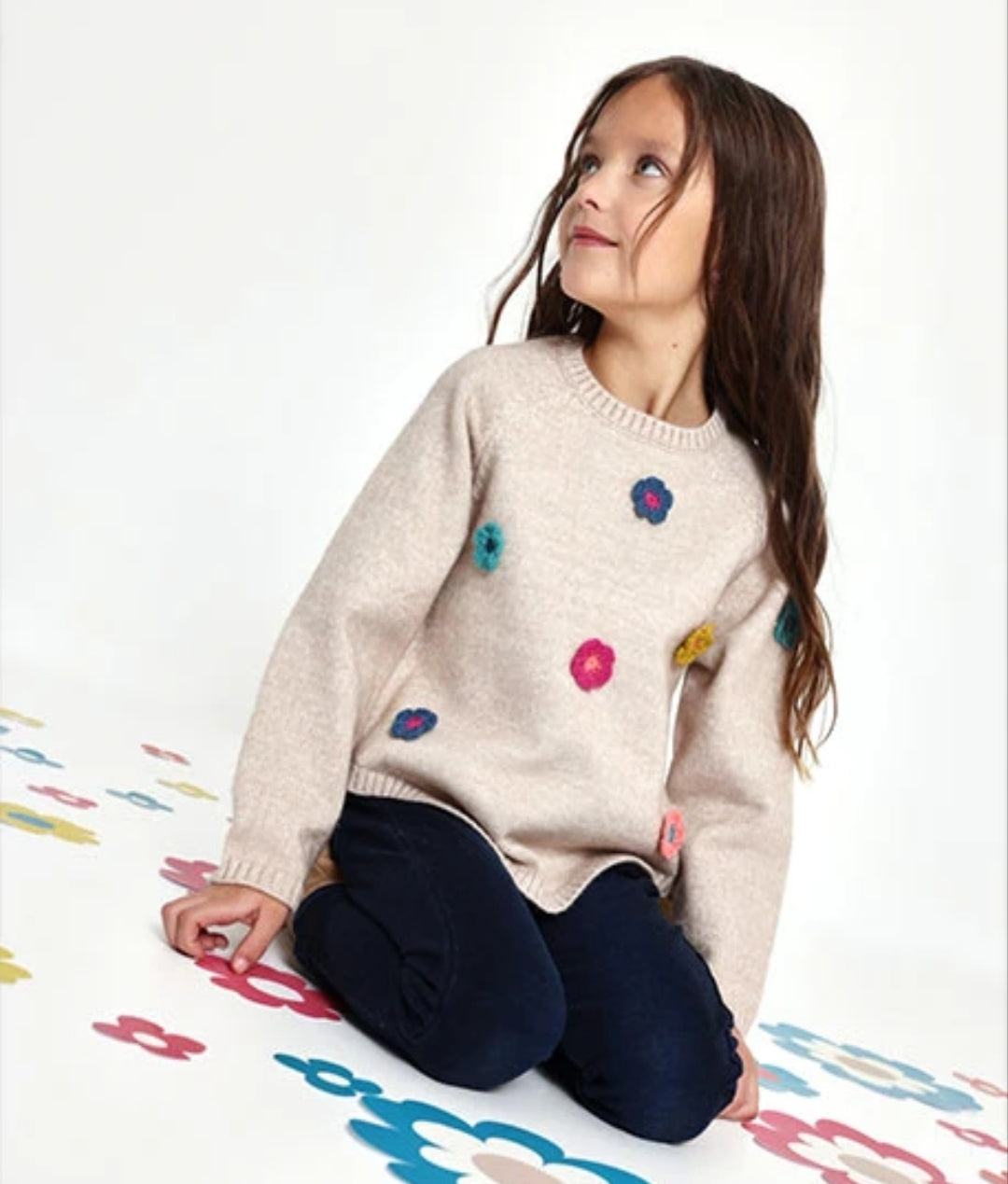 Completo bimba con leggings effetto denim e maglione con fiori