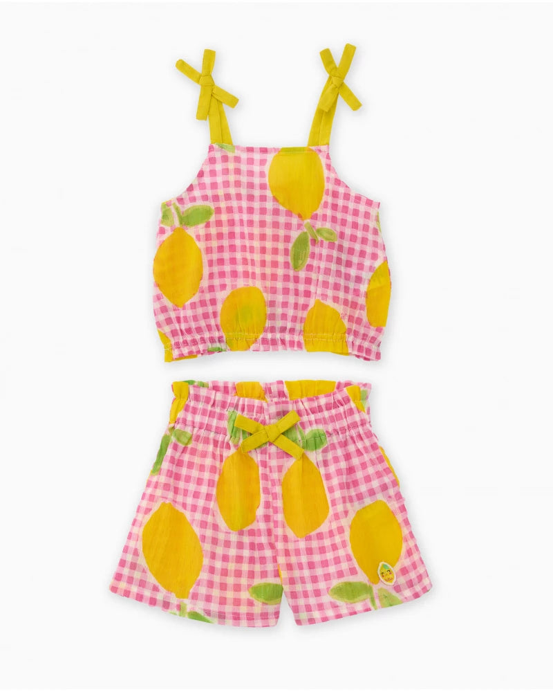 Completo da bambina in tessuto con motivo di limoni Tuc Tuc
