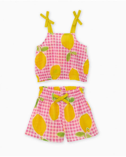 Completo da bambina in tessuto con motivo di limoni Tuc Tuc