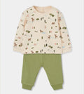 Completo bimbo con maglia panna fantasia bosco e pantaloni verde oliva, vista frontale