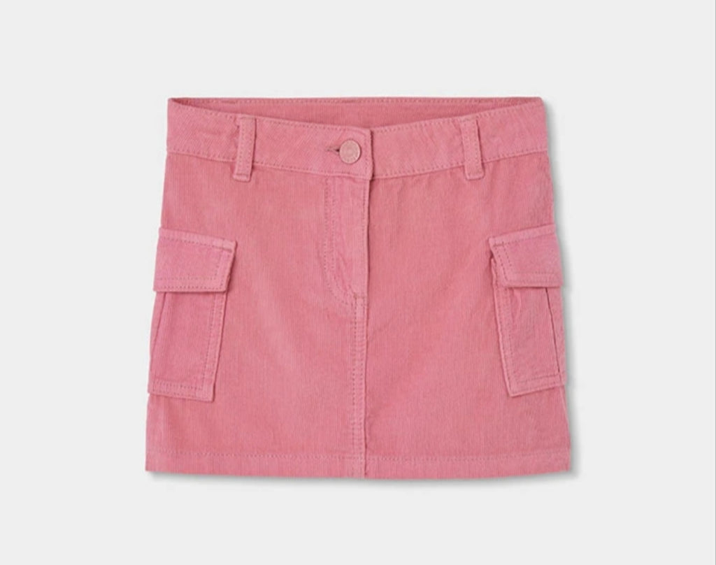 Completo ragazza rosa con maglione a righe e gonna con tasche
