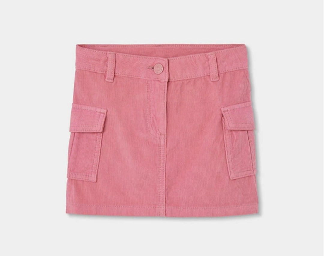 Completo ragazza rosa con maglione a righe e gonna con tasche