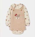 Completo neonata con scamiciato beige con volpe e body panna fantasia con colletto a volant