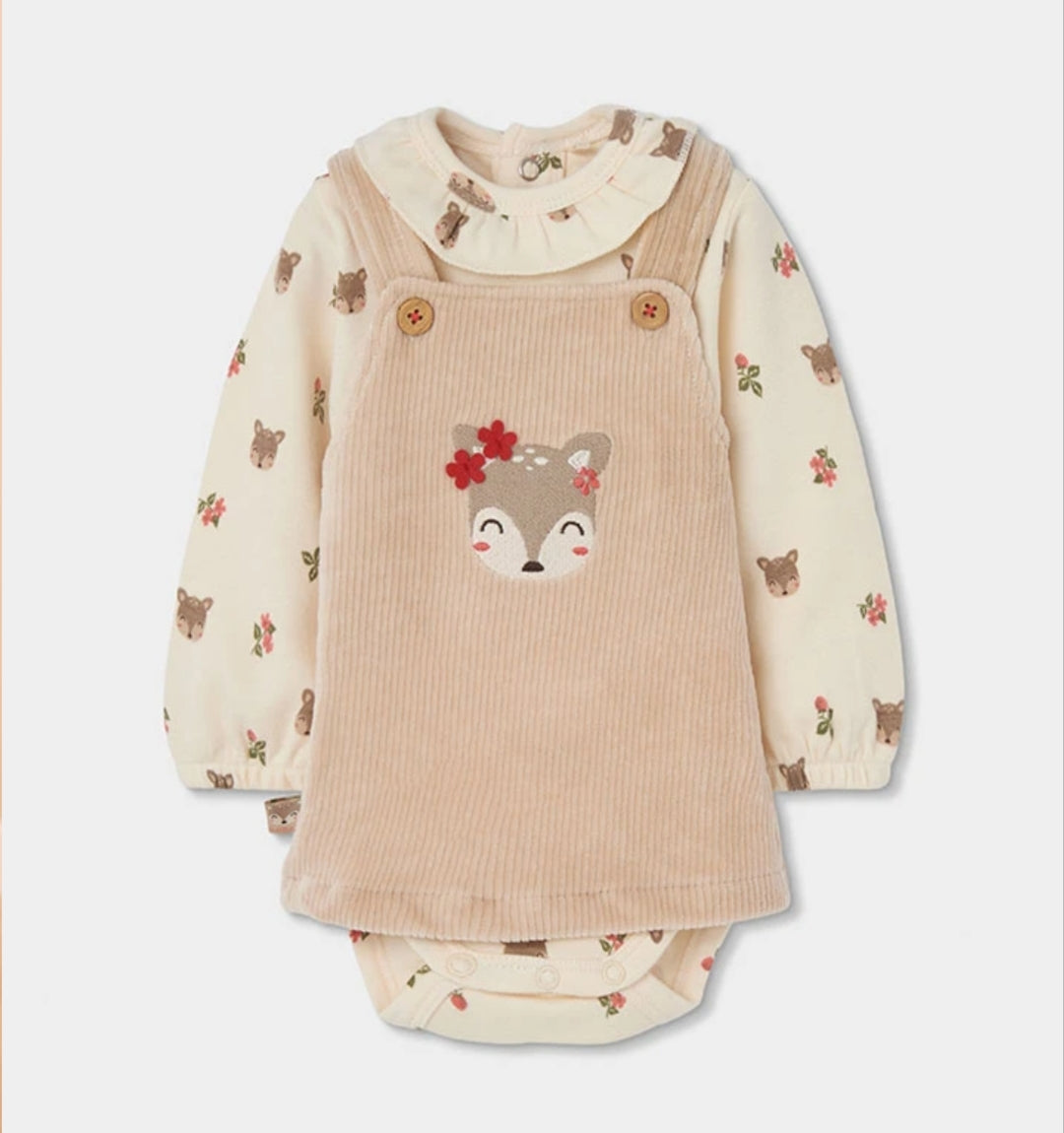 Completo neonata con scamiciato beige con volpe e body panna fantasia con colletto a volant