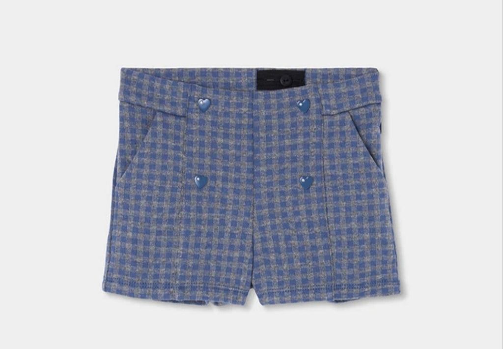 Completo bimba maglia con cuore blu e shorts a quadretti